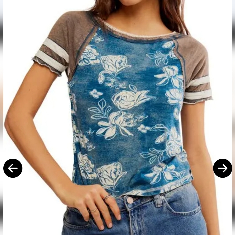 Free People We The Free Wish You Were Here Tee Blue Floral Boho Sz L